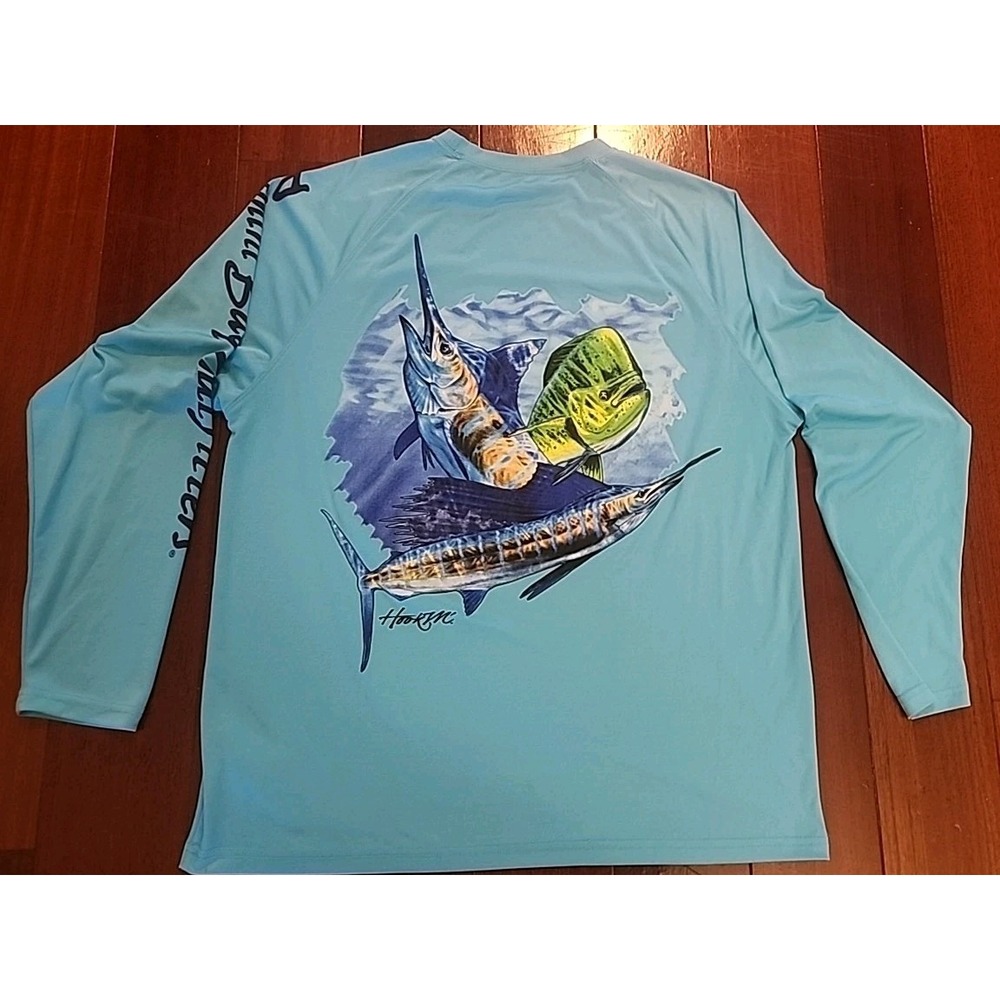 Bimini Bay Outfitters Mens Large Blue Fishing Shirt Long Sleeve Marlin Mahi Mahi